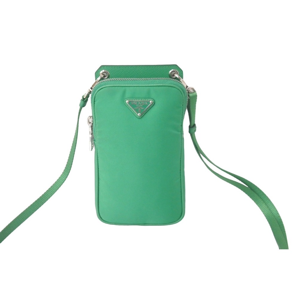 PRADA Shoulder Bag Neck Phone Case Triangle Logo Plate Tessuto Green - Picture 2 of 9